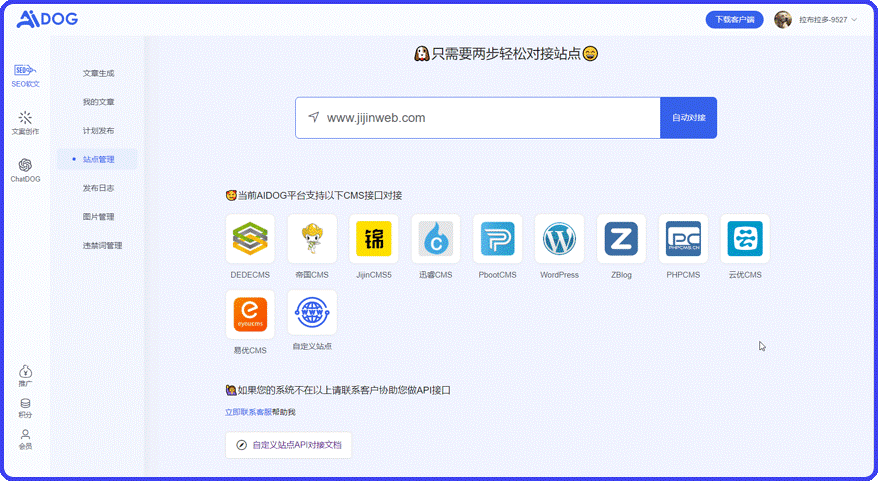 2.输入网址自动检测网站所属系统，一键下载接口完成对接工作.gif